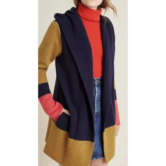 Field Flower Wool Colorblock Navy and Gold Hoodie Sweater Jacket Medium - Picture 1 of 3